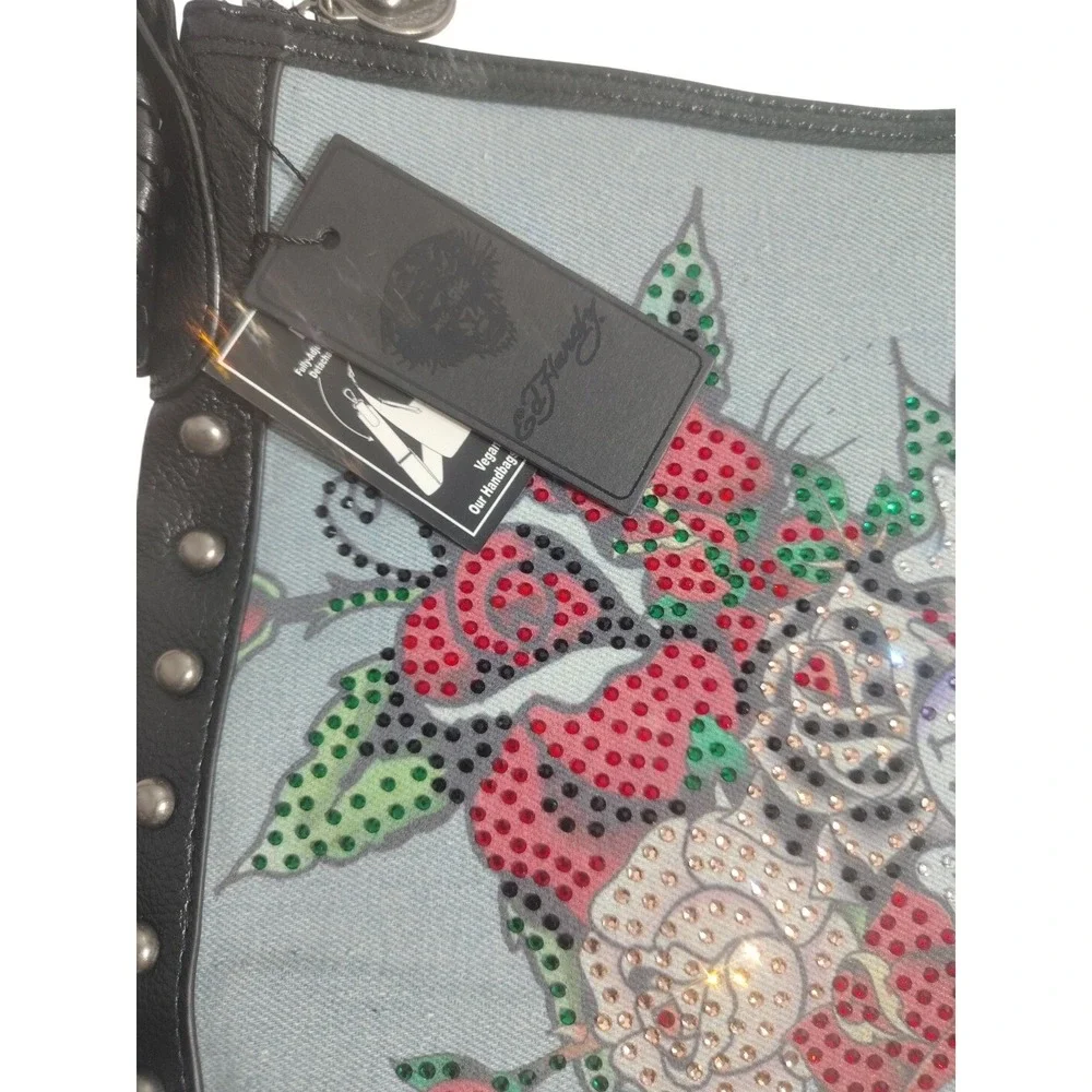 Ed Hardy Hobo Bag Skull Roses Rhinestone Denim‎ Leather Shoulder Bag Women